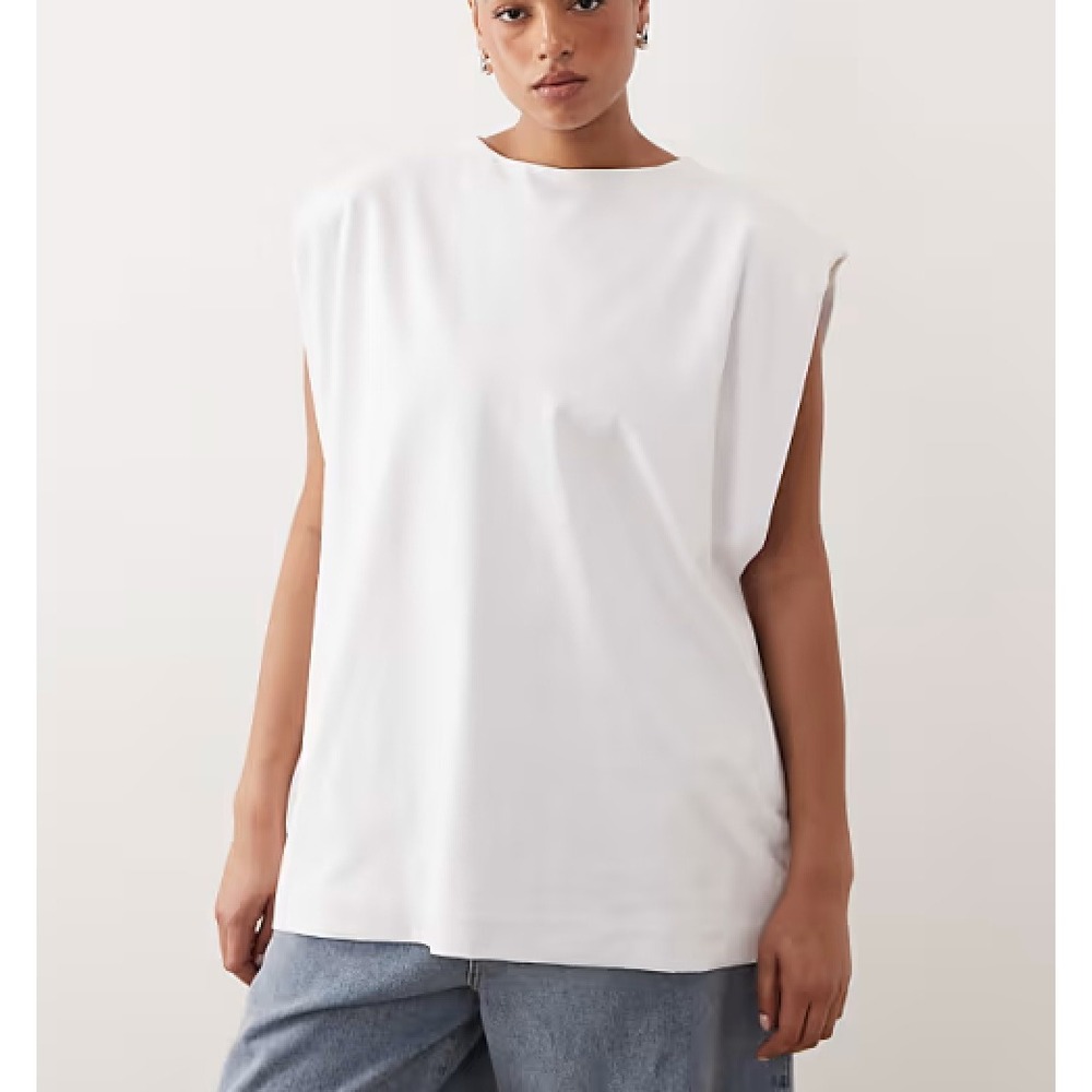 ARRANGE Curve White Shoulder Pad Side Split Oversized Sleeveless Tee Size 2XL